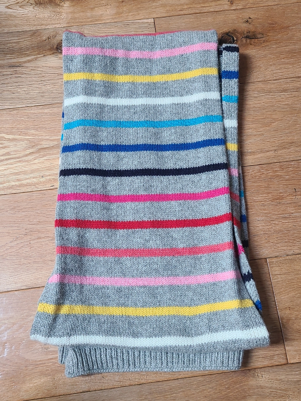GAP Scarf Long Vertical Gray Knit Scarf with Pink, Yellow, Blue and Red Stripes